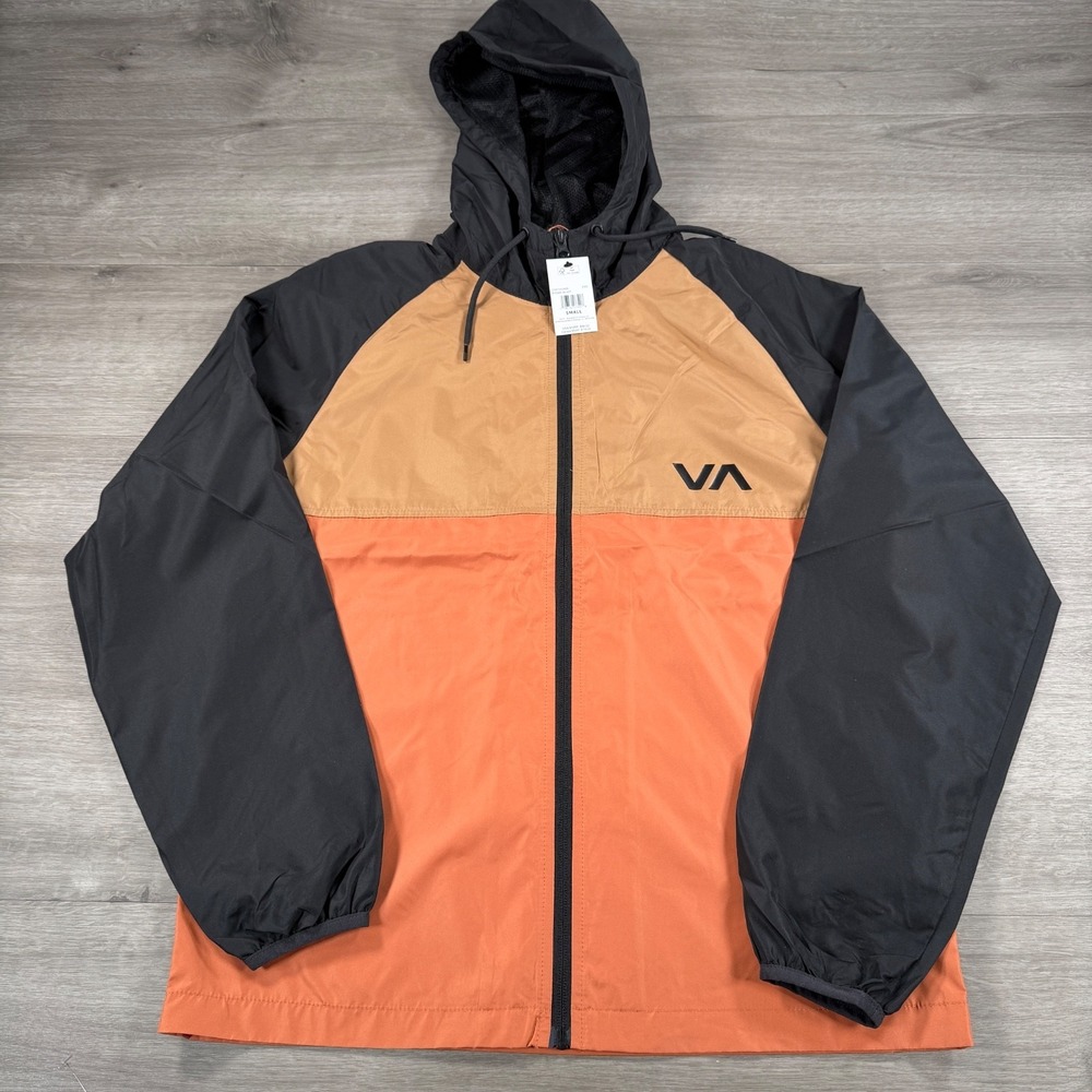 RVCA Jacket Mens Small Black Tan Ryder Hooded Windbreaker Full Zip Orange